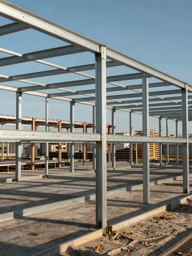 Wide environmental view of a steel frame residential structure mid-construction, vertical columns and horizontal beams forming a precise grid, natural daylight casting sharp shadows across the galvanized steel, no workers, no people, open sky behind the frame