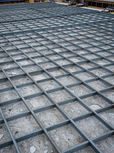 Overhead wide shot of a steel frame floor plan grid laid out on a construction site slab, beams forming precise rectangular modules, concrete substrate visible below, cool overcast daylight, no workers