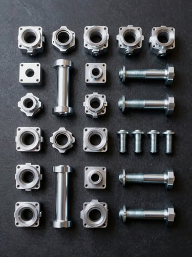 Overhead flat-lay of machined aluminum components and steel fasteners arranged in rows on a dark matte surface, studio strobe lighting, crisp focus, specification-documentation framing