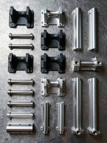 Close overhead flat-lay of machined steel components, plastic injection-moulded brackets, and aluminium extrusions arranged in a documentation grid on a dark steel surface, studio strobe lighting, crisp shadowless focus, specification-grade framing