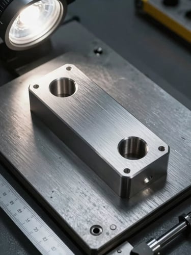 Overhead flat-lay of a CNC-machined steel component resting on a precision measurement surface plate, industrial workshop lighting from above, machined surface detail sharp under controlled studio strobes, measurement tool visible at frame edge