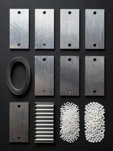 Overhead flat-lay of machined steel sheet samples, coiled metal strips, and engineered plastic pellets arranged in rows on a matte black surface under controlled studio strobes — crisp focus, no shadows, specification-documentation framing