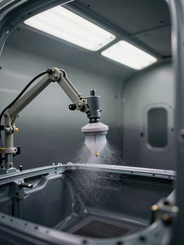 Interior of an automotive paint booth during a surface-coating operation, electrostatic spray applicator arm extended over a body panel, controlled overhead lighting showing fine mist particles against a dark booth interior, industrial precision framing