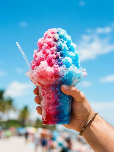 Vibrant close-up of a towering shaved ice cup drenched in bright pink and blue syrups, held by hand against a sun-drenched sky, direct summer sunlight, hard shadows, 35mm lens