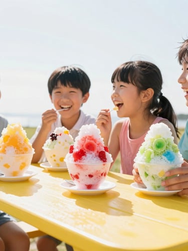 Low-angle shot looking up at a happy family laughing and enjoying colorful shaved ice treats at a bright yellow outdoor picnic table under direct sunlight.