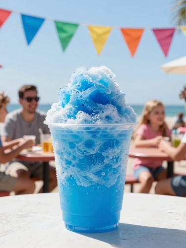 A vibrant blue shaved ice stand under direct summer sunlight, colorful flags fluttering, happy families sitting at outdoor picnic tables laughing, bright high-key photography.