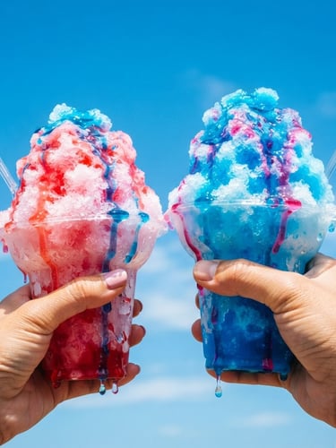 Close-up of towering pink and blue shaved ice cups dripping with syrup, held by hands against a bright blue summer sky, direct high-key sunlight with sharp shadows.