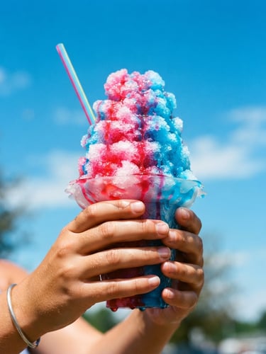 Close-up of a towering, colorful shaved ice cup dripping with bright pink and blue syrups, held by hands under direct, high-key summer sunlight with a vivid blue sky background.