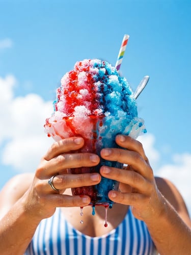 Vibrant close-up of a towering cherry and blue raspberry shaved ice cup dripping with syrup under direct brilliant summer sunlight, hands holding the treat against a bright blue sky, high-key food photography