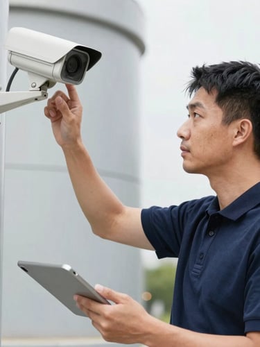 A professional technician in a navy polo shirt testing a mounted security camera with a tablet, outdoor industrial background.