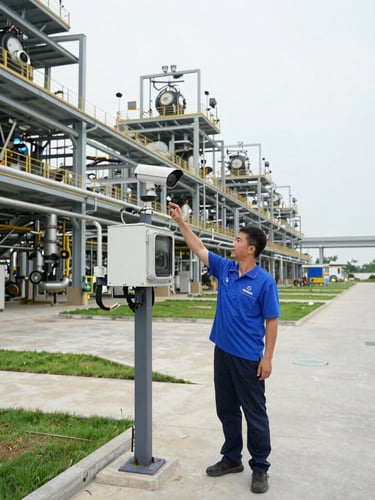 Wide-angle side view of a modern industrial plant in Bac Ninh, Vietnam, with clean concrete pathways and a local WangJia technician in a blue polo shirt adjusting an outdoor security camera.
