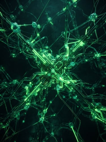 Abstract 3D data visualization showing glowing green pipelines and nodes, dark moody tech aesthetic, neon green ambient edge-lighting, high-contrast, shallow depth of field