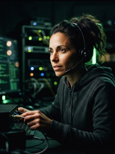 A close-up portrait of a technical consultant in low-key studio lighting, subtle neon green edge-lighting, high-contrast tech aesthetic, shallow depth of field, 35mm.