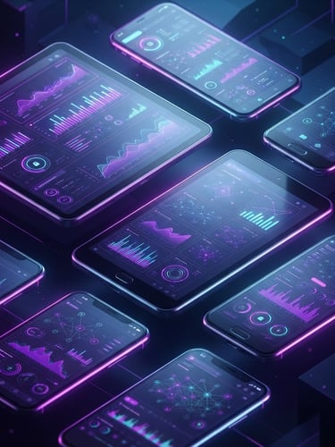 Sleek 3D digital render of an Android device mockup showing a complex data dashboard, dark ambient background with vibrant neon purple and cyan rim lighting, isometric perspective, octane render