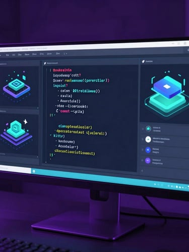 Close-up of developer analyzing clean Kotlin code on an ultra-wide monitor, low-key studio lighting with dramatic violet and cyan rim lights reflecting off glass, sleek 3D aesthetic