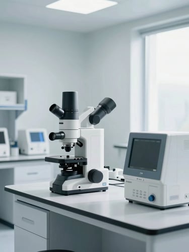 High-precision laboratory environment with clean-room medical R&D setups, minimalist instrumentation, sharp focus, cool bright natural daylight
