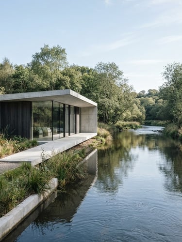 Wide environmental architectural shot of a minimalist modern pavilion by a quiet river, clean concrete lines, bright daylight, sharp focus, cool tones, 35mm lens