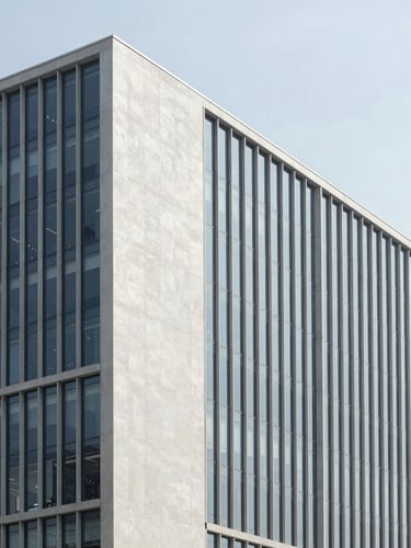Minimalist architectural lines of a modern corporate headquarters in Jakarta, clean concrete and glass facade, bright daylight, sharp focus, cool tones