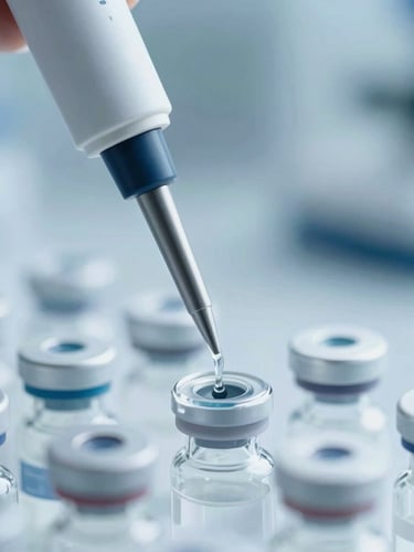 Extreme close-up of a high-precision medical pipette dispensing fluid into laboratory vials, cool blue tones, sharp focus, 35mm lens.