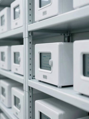 Close-up of a high-tech temperature-controlled medical storage facility with steel shelves, bright white lighting, sharp focus.