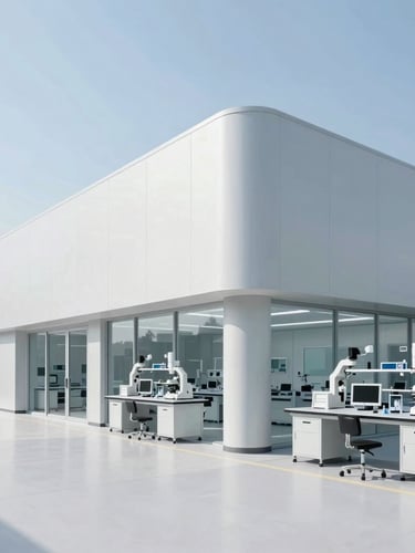 Architectural lines of a modern medical research facility, clean-room medical R&D setup, cool bright daylight, minimalist cool tones, sharp focus, 35mm lens