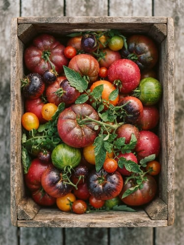 Overhead shot of freshly harvested heirloom tomatoes in a wooden crate, soft morning dew, natural overcast daylight, rich crimson and forest green tones, shallow depth of field, 35mm