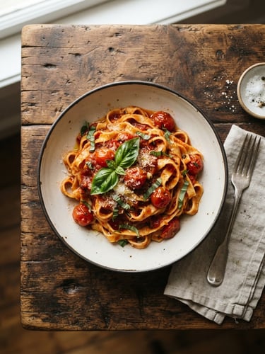 Overhead flat lay of a rustic wooden table, a single bowl of hand-rolled pasta with rich crimson heirloom tomato sauce, fresh basil leaf, moody natural window light casting soft shadows, 35mm photography, warm tones.