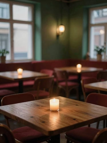 Cozy Scandinavian-style restaurant dining room at dusk, warm candle light on oak tables, moody shadows, soft focus, 35mm