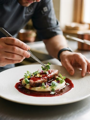 Tight macro shot of a chef finishing a plate with microgreens under soft window light, rich crimson sauce on white ceramic, shallow depth of field, 35mm