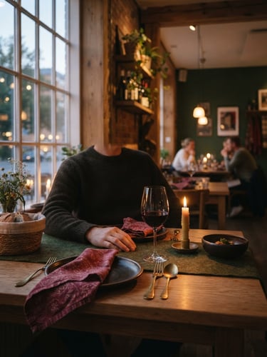 Cozy Scandinavian-style restaurant dining room at dusk, soft natural window light casting moody shadows on a rustic wooden table, rich crimson accents, shallow depth of field, 35mm photography.