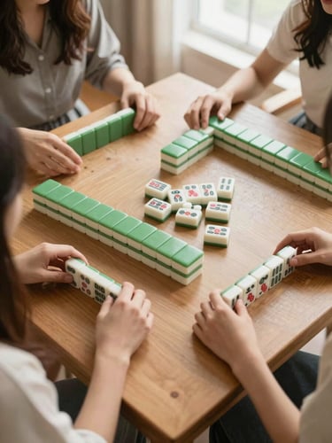 Overhead flatlay of four women at a wooden table playing Mah Jongg, hands arranging green and red tiles, warm natural light, elegant editorial style