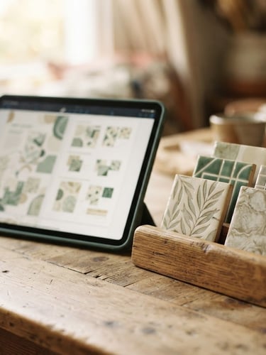 Close-up of a tablet displaying the PDF guide next to a wooden tile rack, warm soft natural window light, ivory and jade green tones, shallow depth of field, 35mm