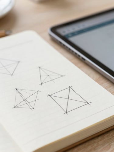 Close-up of a neat notebook with geometric sketches and a digital tablet showing a clean educational interface, soft natural daylight, warm muted tones