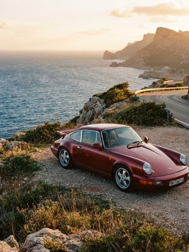 Sleek sports car parked on a coastal cliff in Mallorca at golden hour, deep blue sea in background, warm 35mm film style