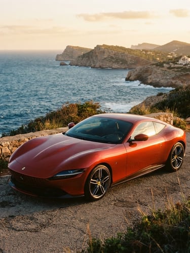 Sleek modern sports car parked on a Mallorcan coastal cliff at golden hour, deep blue sea in the background, warm light reflecting on the metallic paint, 35mm film style.