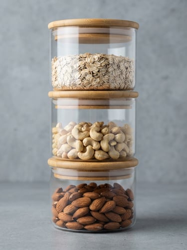 Straight-on clean product photography of stacked glass storage jars with bamboo lids, bright studio lighting, crisp reflections on glass, cool gray background