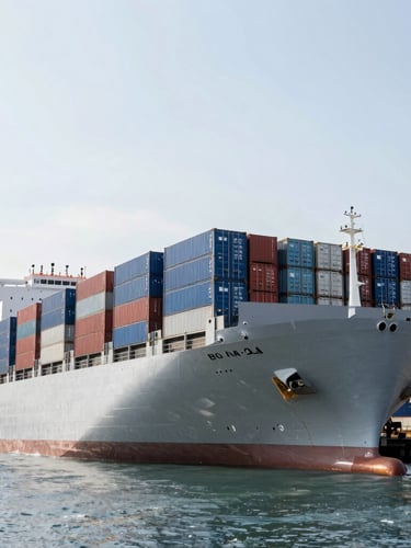 Wide-angle industrial logistics shot of a large container ship being loaded with blue and red shipping containers at a busy Hong Kong port, bright morning daylight