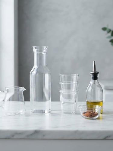 Minimalist high-end glass kitchenware arranged on a clean marble counter in bright morning daylight, crisp reflections, cool gray background, professional product photography