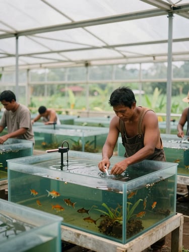 Modern bioflok fish tanks in a clean greenhouse, indigenous Papuan farmers checking water quality, natural diffused lighting, realistic documentary photography