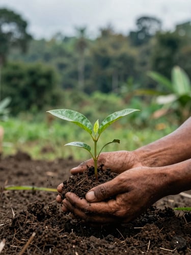 A close-up of fertile dark soil of Papua being held by indigenous hands, planting a young green sprout, natural overcast daylight, rich forest green background, documentary style