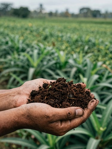 Close-up of rich dark Papuan soil held in hands, organic compost mixed in, lush green crops blurred in the background, natural diffused daylight