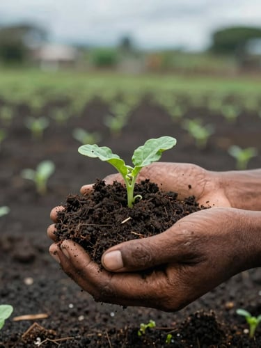 Close-up of hands holding rich dark volcanic soil in Papua, with small green vegetable sprouts growing, natural diffused daylight, documentary photography.