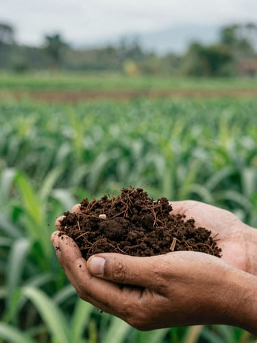 Close-up of rich dark Papuan soil held in hands, with lush green agricultural foliage in the background, soft natural daylight, documentary style