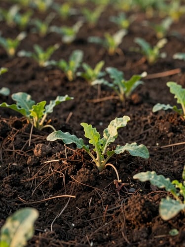 Close-up of rich dark Papuan soil with green vegetable sprouts growing, warm golden hour sunlight, documentary photography style