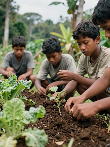 Close-up of young Papuan agricultural students examining rich soil and local vegetable crops, diffused natural jungle daylight, documentary style