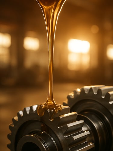 Warm backlit golden engine oil pouring smoothly into pristine steel gears, shallow depth of field, industrial warehouse setting, 35mm