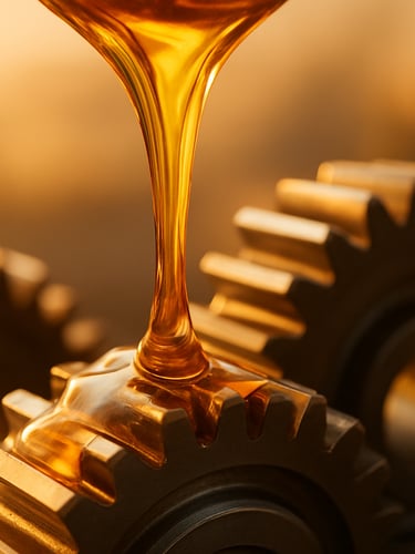 Macro close-up of amber-colored high-viscosity oil pouring smoothly over clean steel gears, backlit golden hour lighting, 35mm