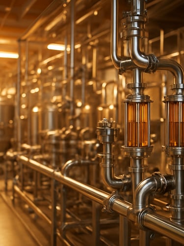 Wide environmental shot of a pristine, modern automated lubricant blending facility with stainless steel pipelines and amber fluid indicators, warm studio lighting