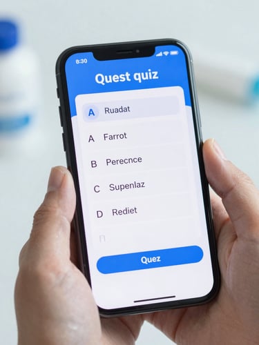 Close-up of clean hands holding a smartphone displaying a medical quiz, clinical blue and white tones, macro focus, sharp technology photography