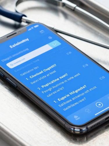A crisp macro photograph of a smartphone resting on a clean steel clinical tray next to a stethoscope, screen glowing with a rapid-fire medical diagnostic question.
